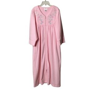 Fundamentals Womens Robe Size Medium Pink Fleece Floral Zip Front Housecoat